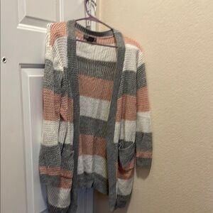 Striped Open-Front Cardigan Sweater - Gray, Cream & Pink